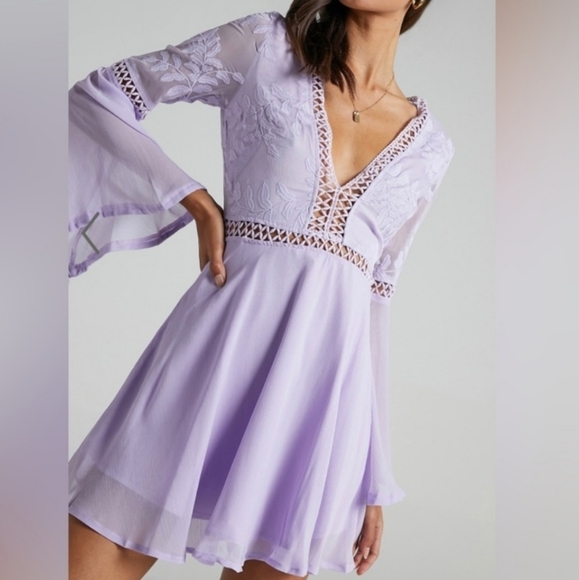 Angel Biba Dresses & Skirts - Angel Biba Stop Pretending Lacy Mini Dress Bell Sleeves Lilac Size Small
